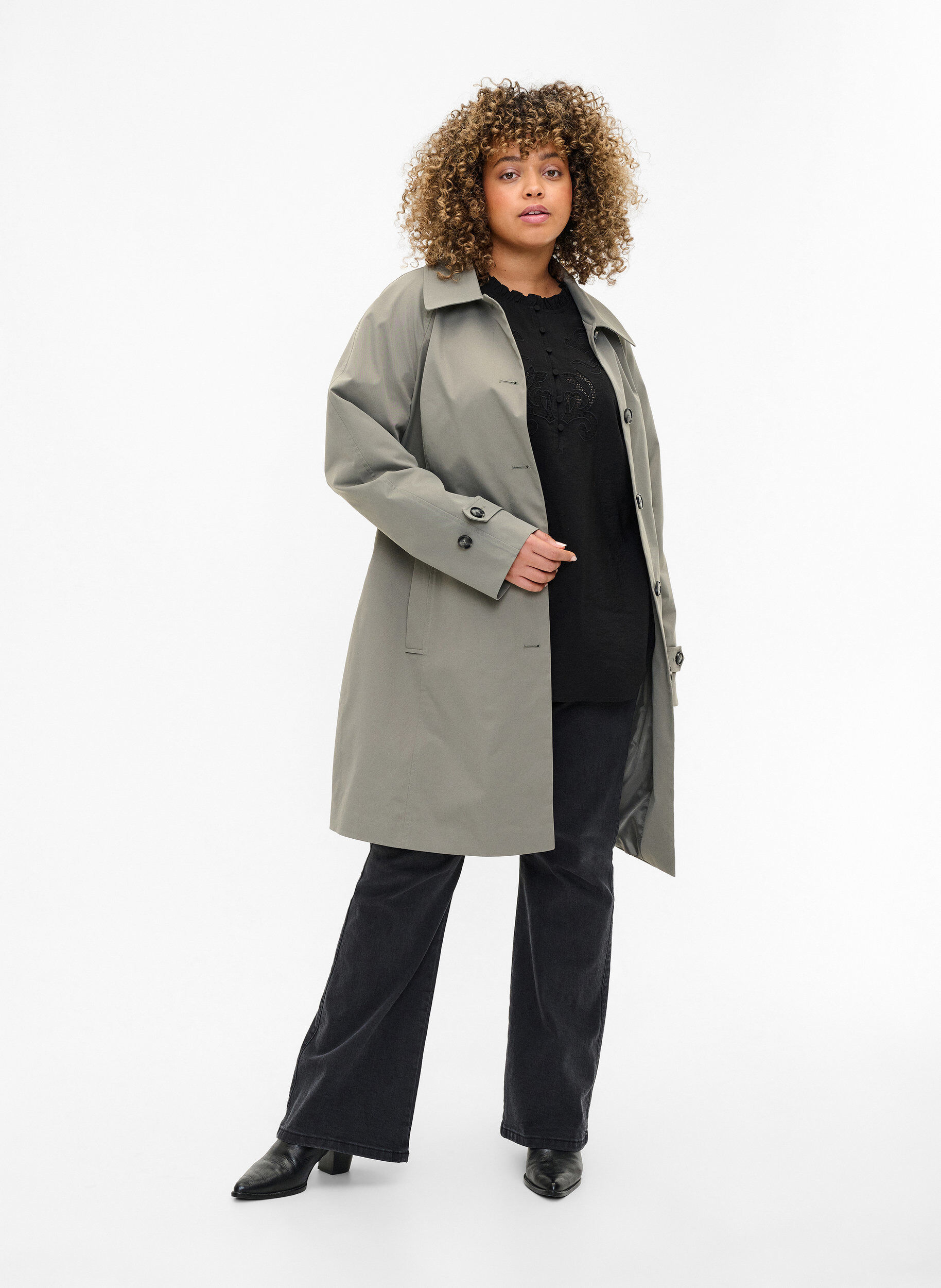 Zizzi Trenchcoat med lommer og b&aelig;lte, Sea Spray, Model image number 3