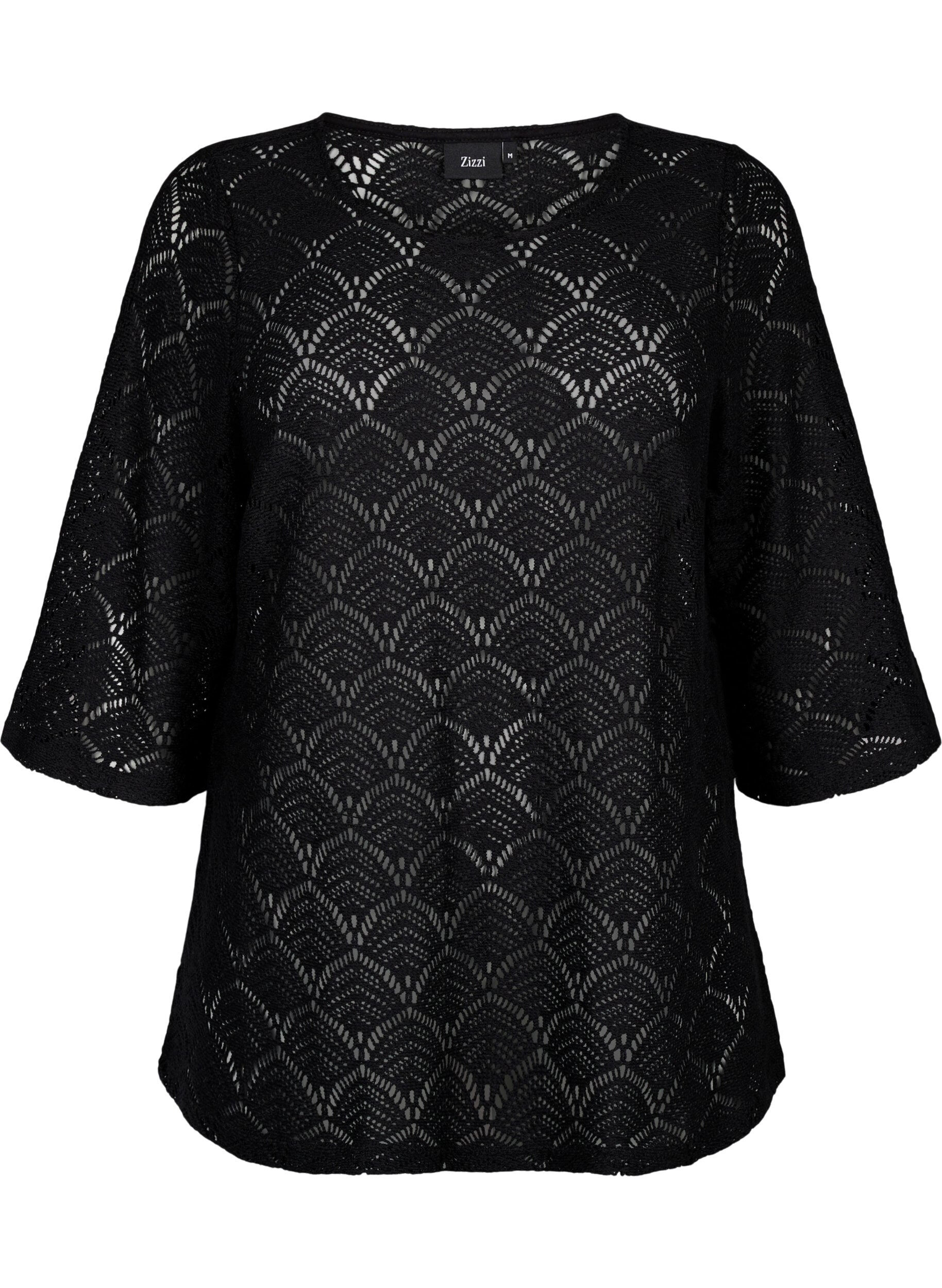 Zizzi Crochet bluse med 3/4 &aelig;rmer , Black, Packshot image number 0