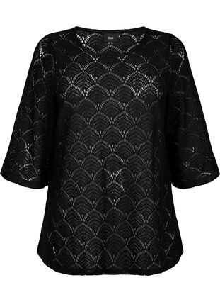 Crochet bluse med 3/4 ærmer, Black, Packshot image number 0