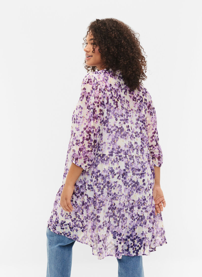 Tunika med blomsterprint og lurex, Beige/Purple Flower, Model image number 1