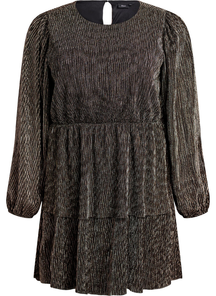 Kort kjole med glitterstriber og lange ærmer, Sort, Packshot image number 0