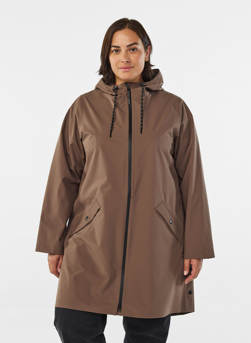 Regnjakke med lommer og h&aelig;tte, Brun, Model image number 0