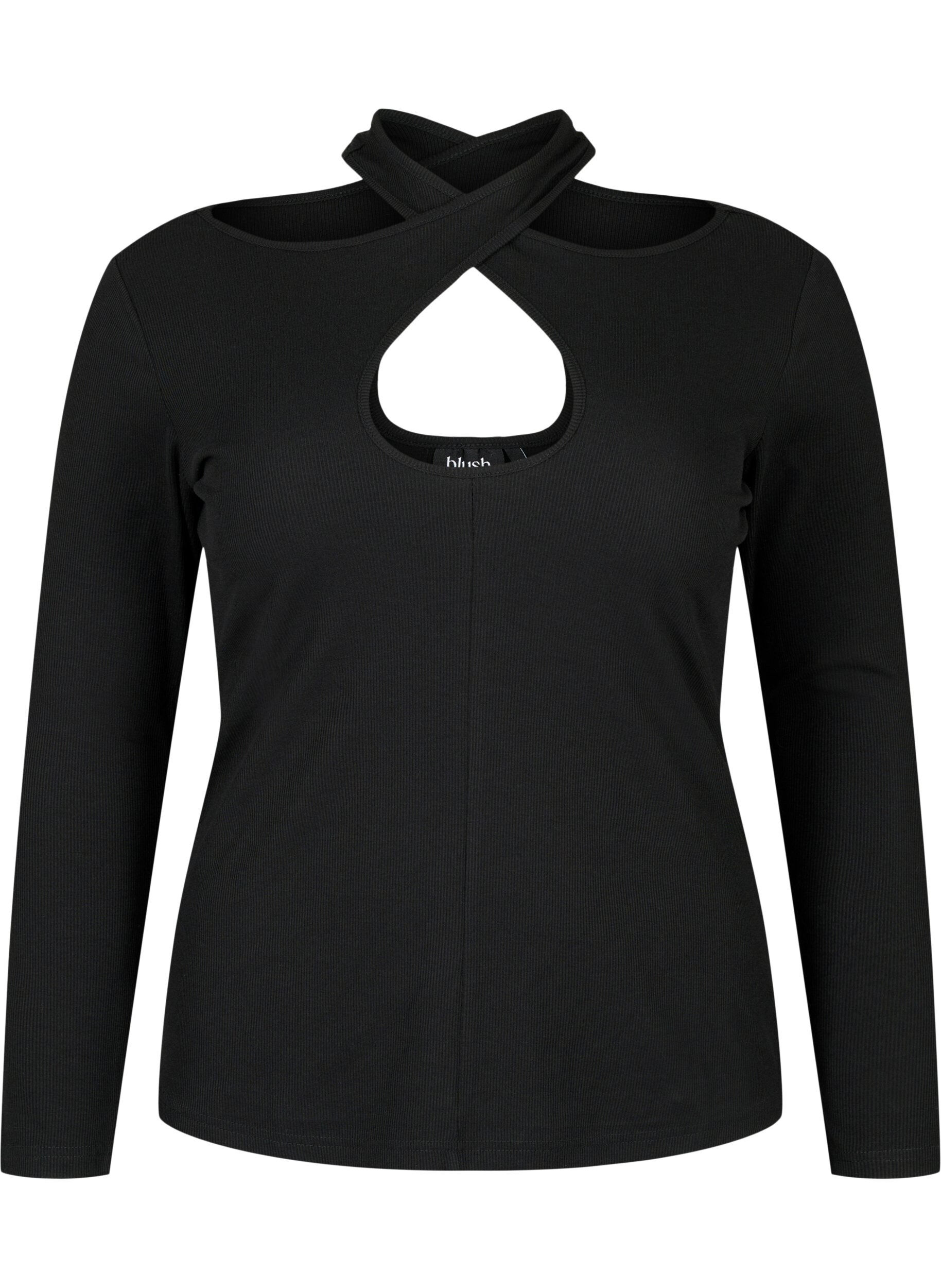 Zizzi Cut out bluse med lange &aelig;rmer, Black, Packshot image number 0