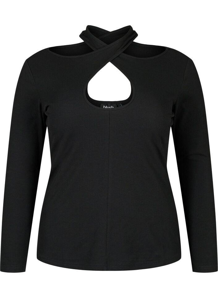 Cut out bluse med lange ærmer, Black, Packshot image number 0