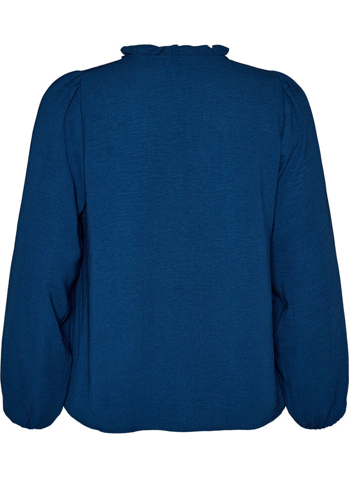 Bluse med V-udsk&aelig;ring og crochetb&aring;nd, Bl&aring;, Packshot image number 1