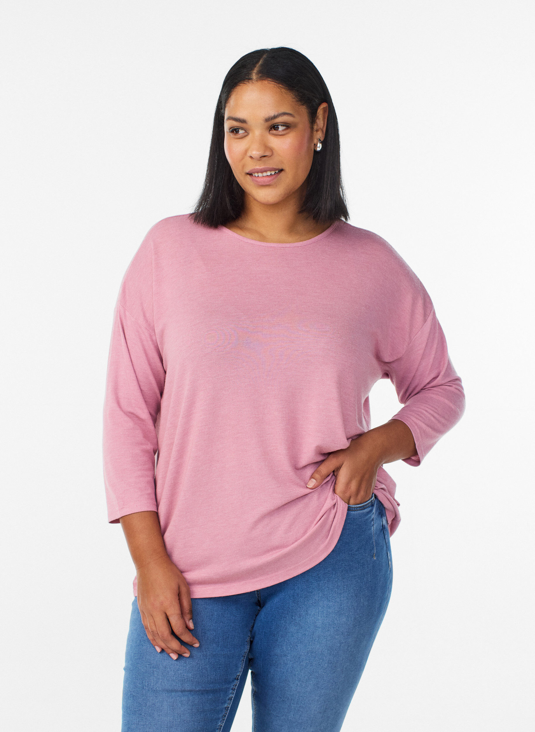 Zizzi Jerseybluse med 3/4 &aelig;rmer, Lyser&oslash;d, Model image number 0