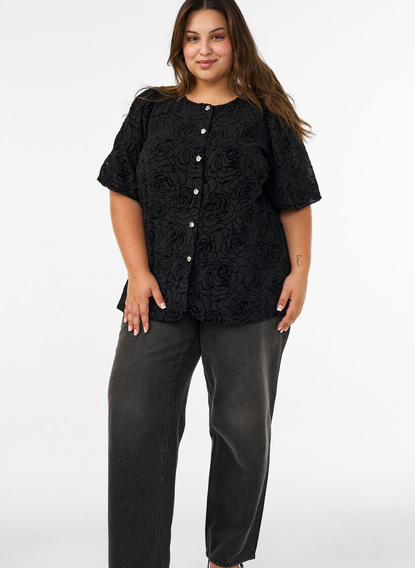 Bluse med blomsterm&oslash;nster og ballon&aelig;rmer, Sort, Model image number 1
