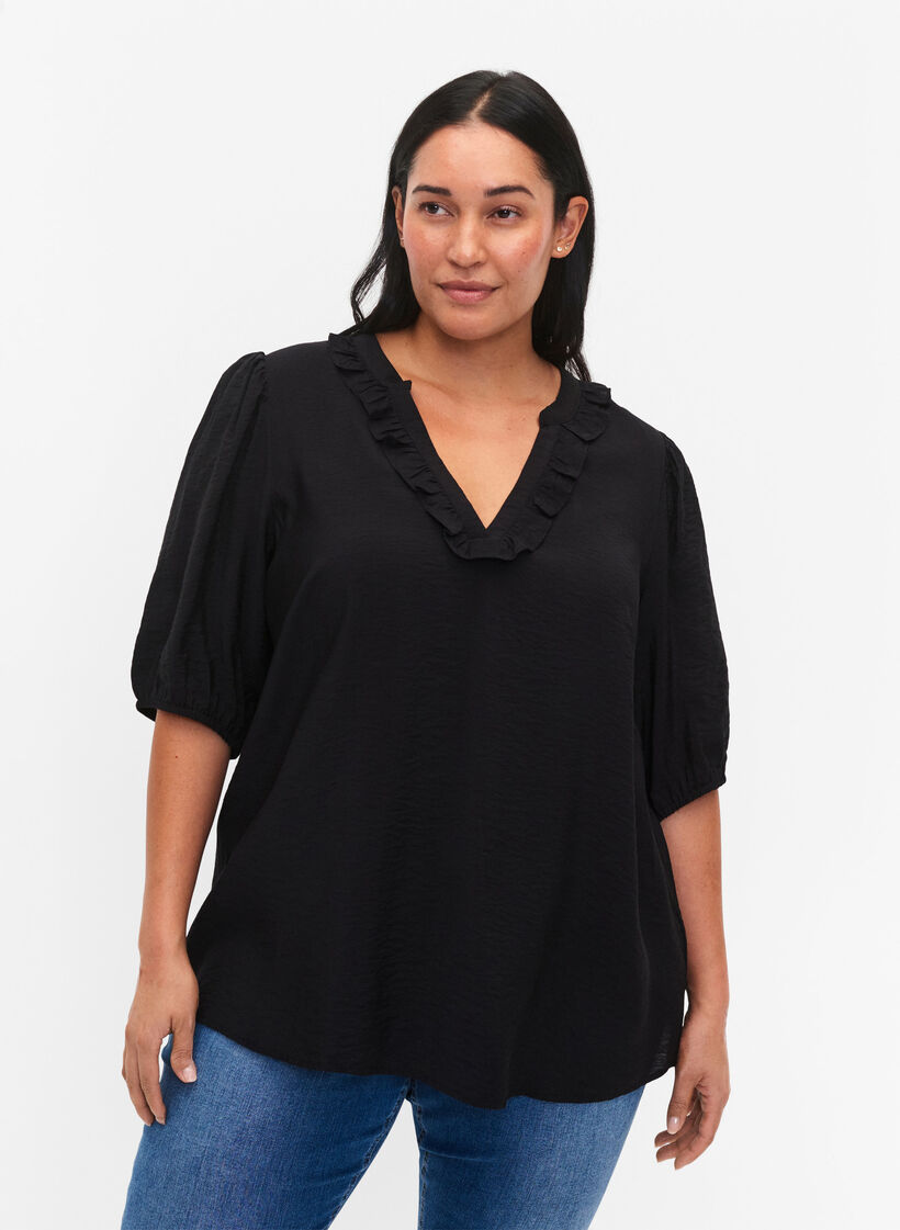Viskosebluse med pufærmer og flæser, Black, Model image number 0