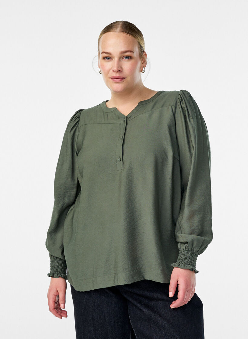 Viskosebluse med smock og rynkedetaljer, Grøn, Model image number 0