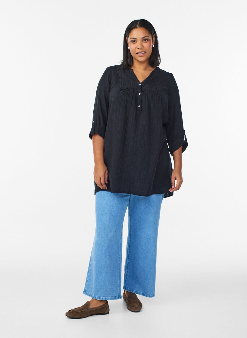 Tunika i bomuldsmusselin med broderi anglaise, Sort, Model image number 1