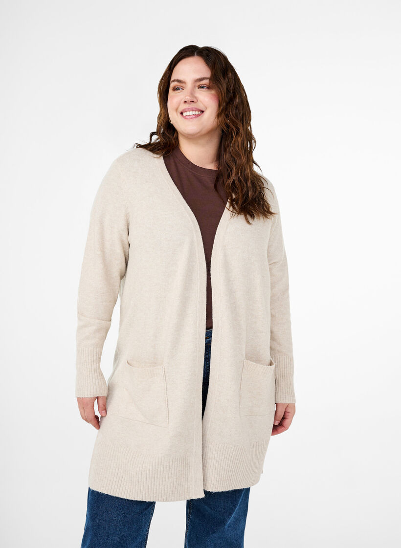 Meleret strik cardigan med lommer, Beige, Model image number 0