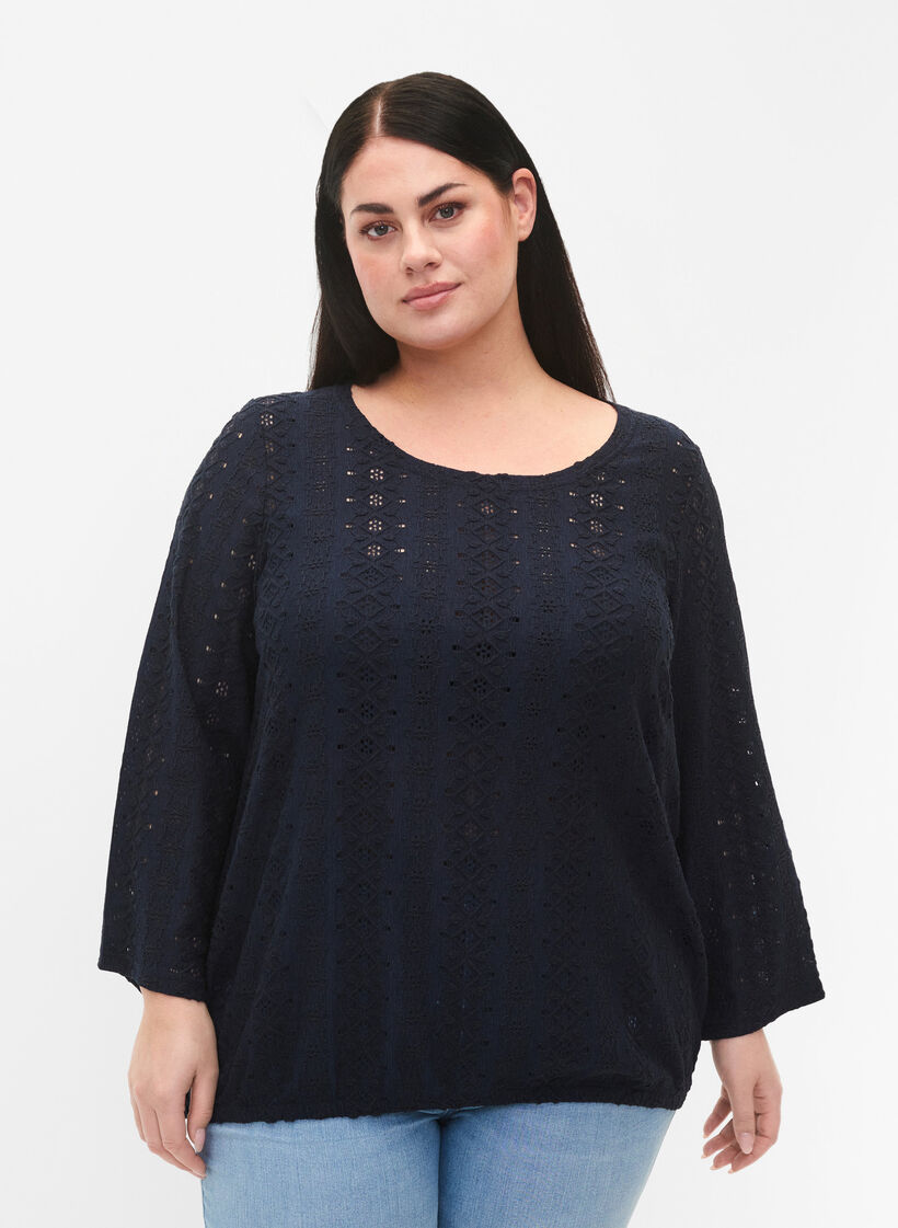 Bluse med broderi anglaise og 7/8 ærmer, Navy Blazer, Model image number 0