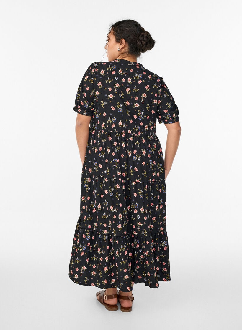 Ankellang kjole med korte &aelig;rmer og volantlag, Sort, Model image number 1