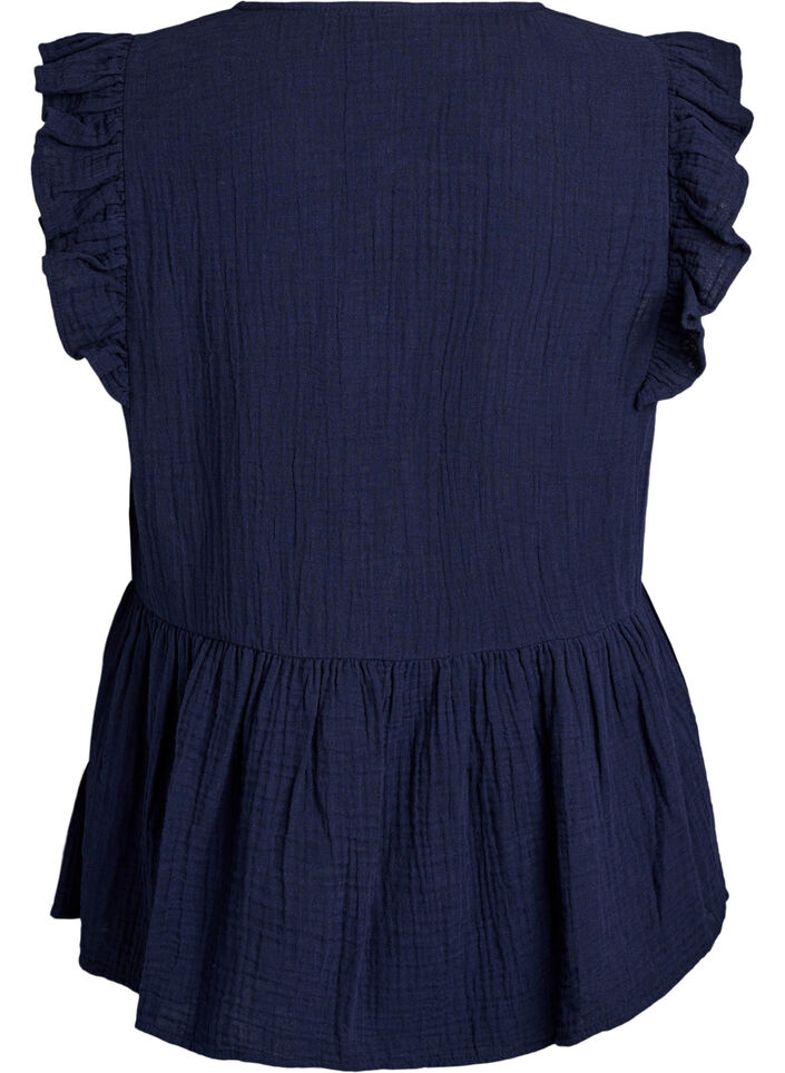 &AElig;rmel&oslash;s bluse i bomuldsmusselin med fl&aelig;ser, Bl&aring;, Packshot image number 1