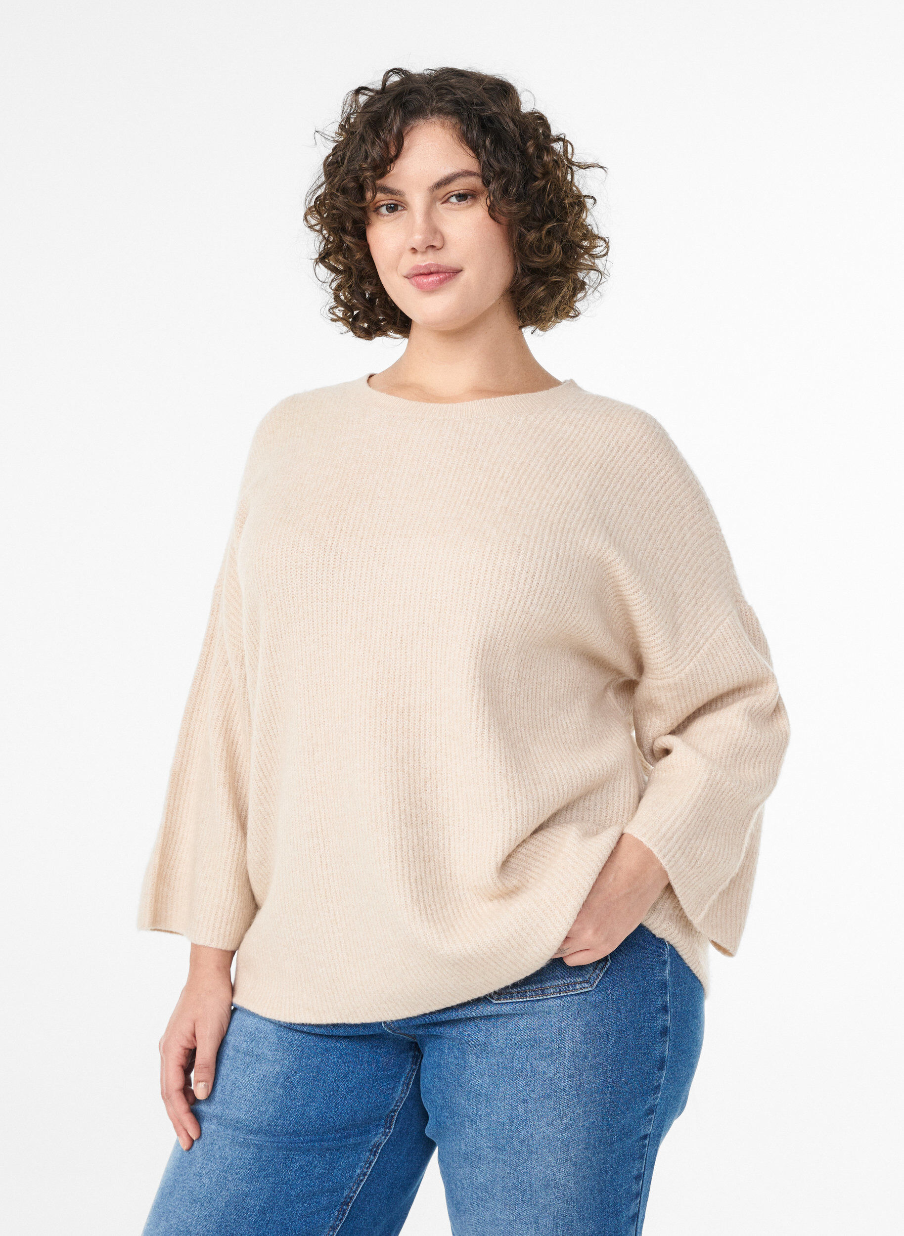 L&oslash;s strikbluse med 3/4-&aelig;rmer, Beige, Model