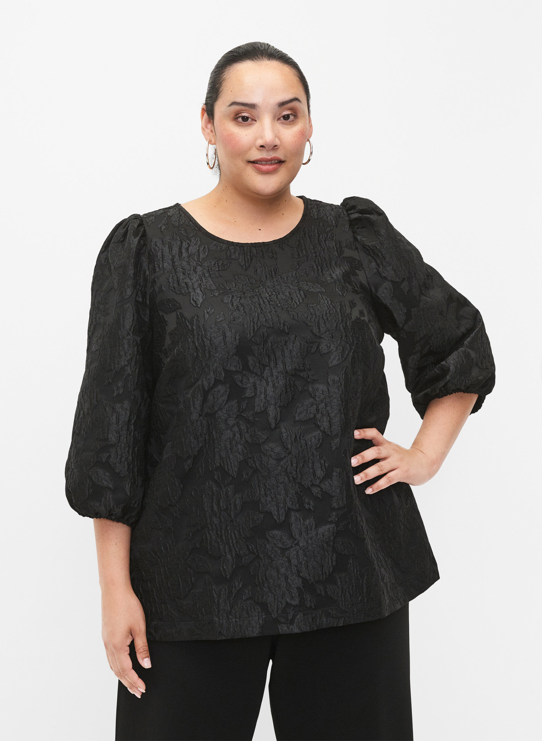 Bluse i jacquard med 3/4 &aelig;rmer, Black, Model