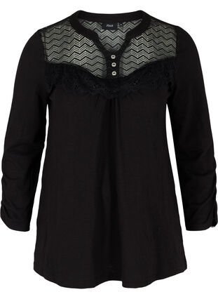 Bluse i økologisk bomuld med blonder, Black, Packshot image number 0