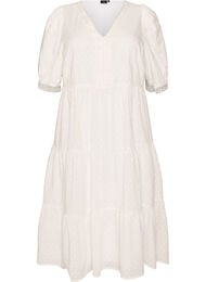 Midikjole i bomuld med struktur og crochet-detaljer, Hvid