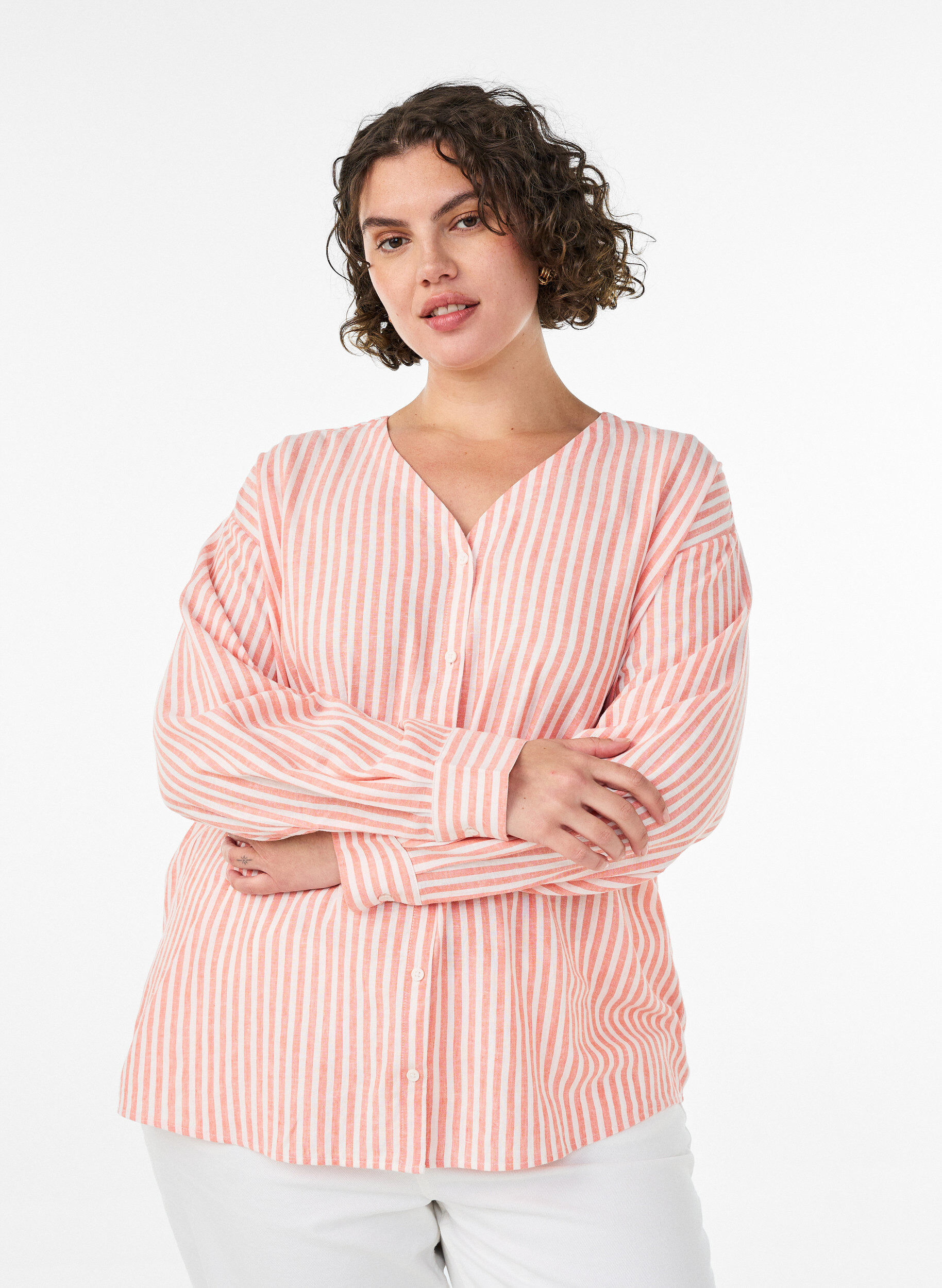 Bluse i h&oslash;r og viskose med V-udsk&aelig;ring, Orange, Model
