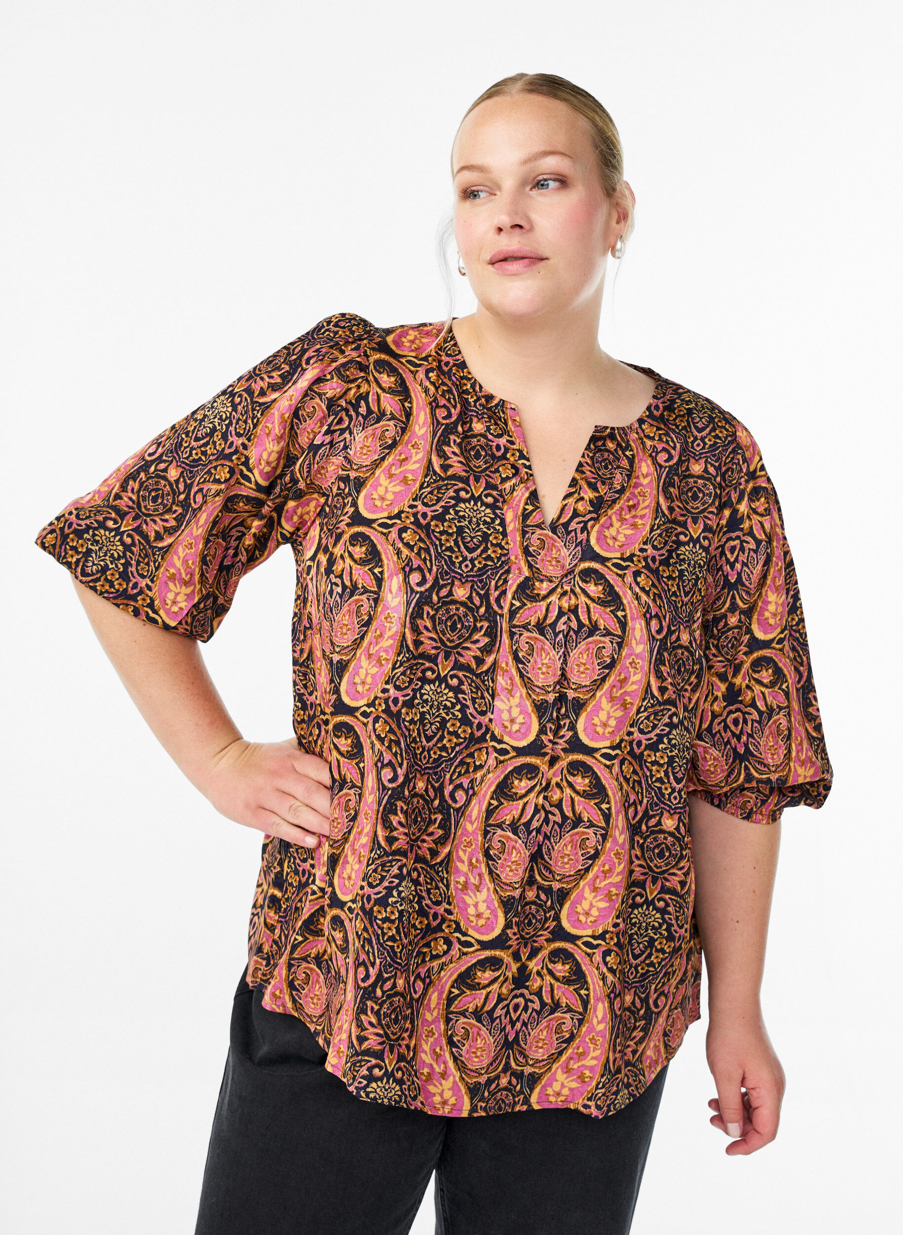 Bluse med paisleyprint og 3/4 &aelig;rmer, Bl&aring;, Model