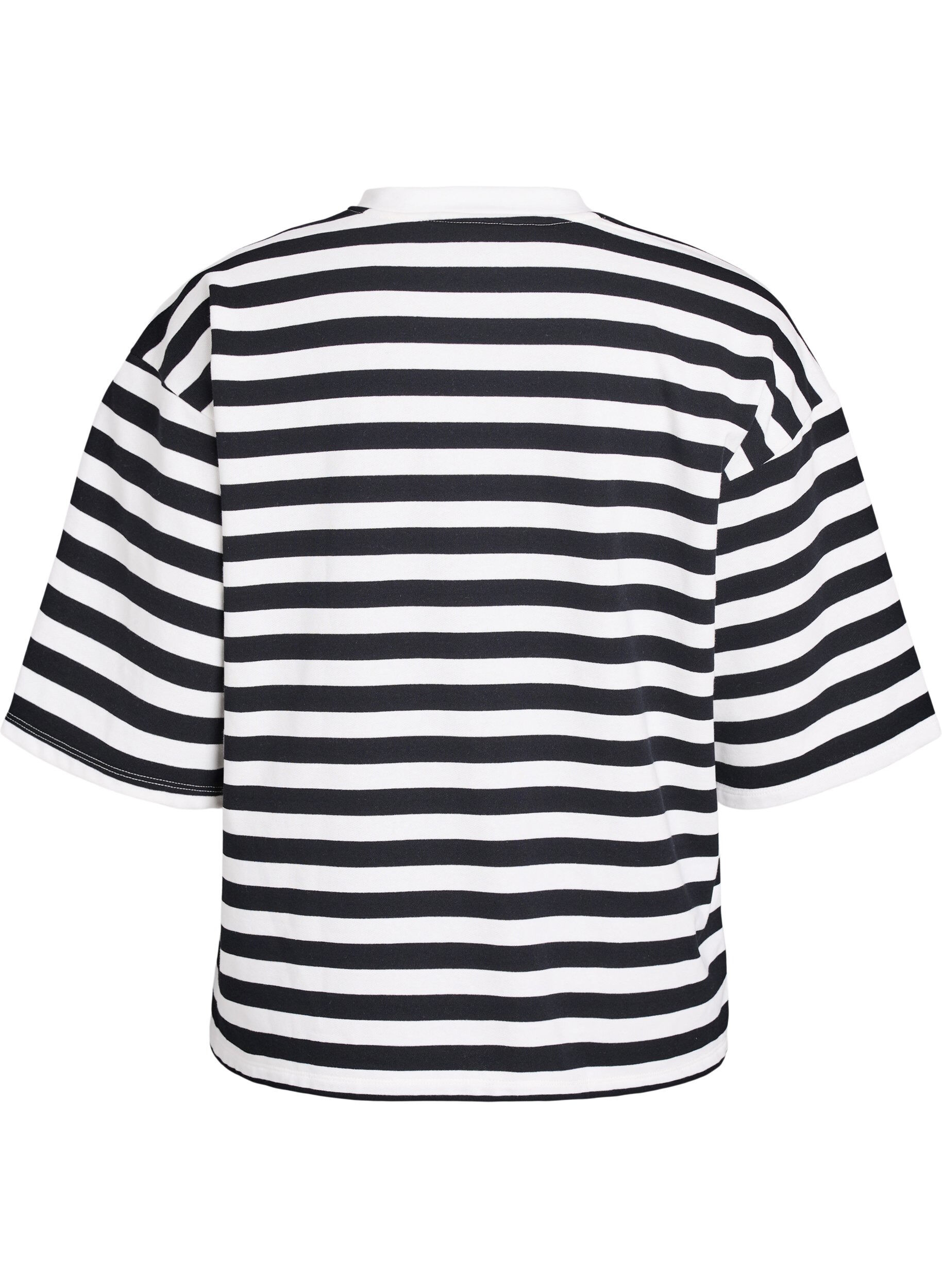 Zizzi Stribet bluse med 3/4 &aelig;rmer og knapdetalje, Sort, Packshot image number 1