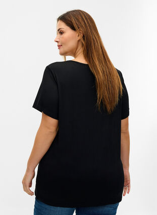 Kortærmet viskose t-shirt med blondedetaljer, Black, Model image number 1