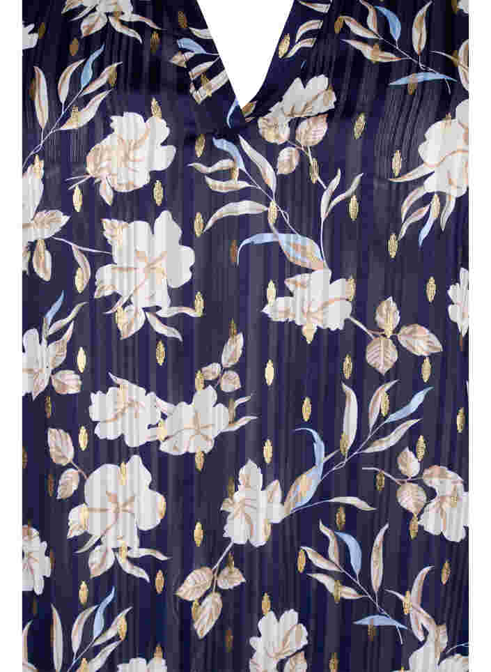 Printet bluse med smock og v-hals, Blue Flower, Packshot image number 2