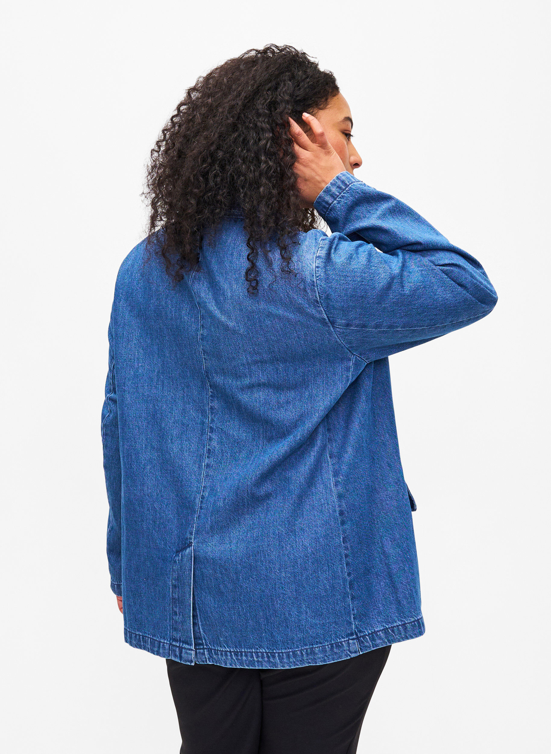 Zizzi Denim blazer med lommer, Blue Denim, Model image number 1