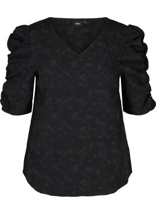 Bluse med struktur og pufærmer, Black, Packshot image number 0