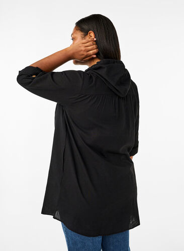Tunika med hætte i bomuld og hør, Black, Model image number 1