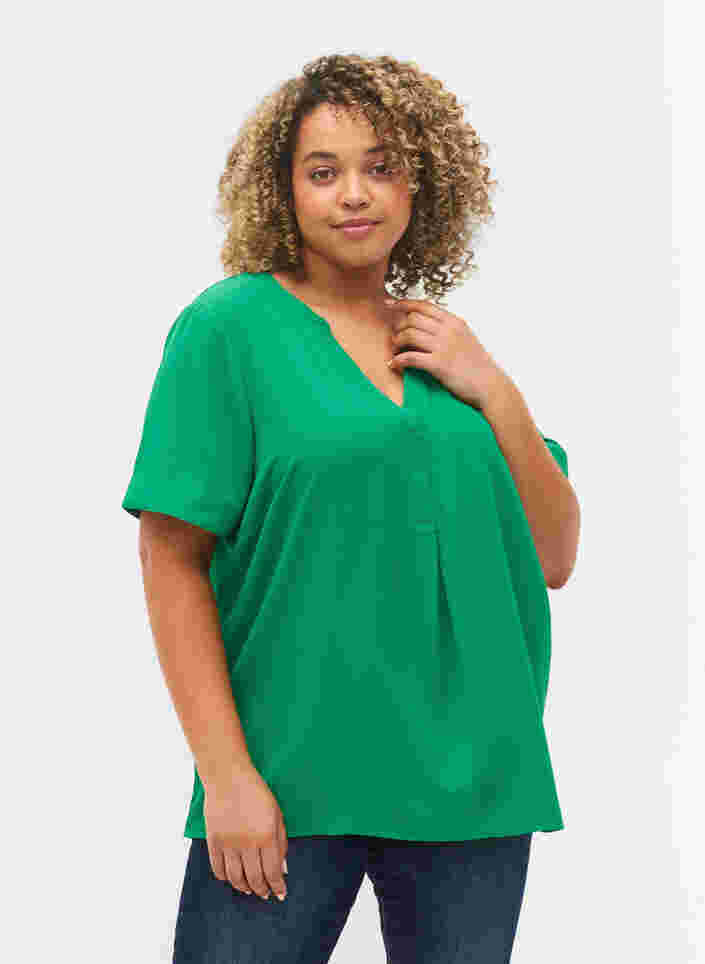 Kortærmet bluse med v-udskæring, Jolly Green, Model image number 0