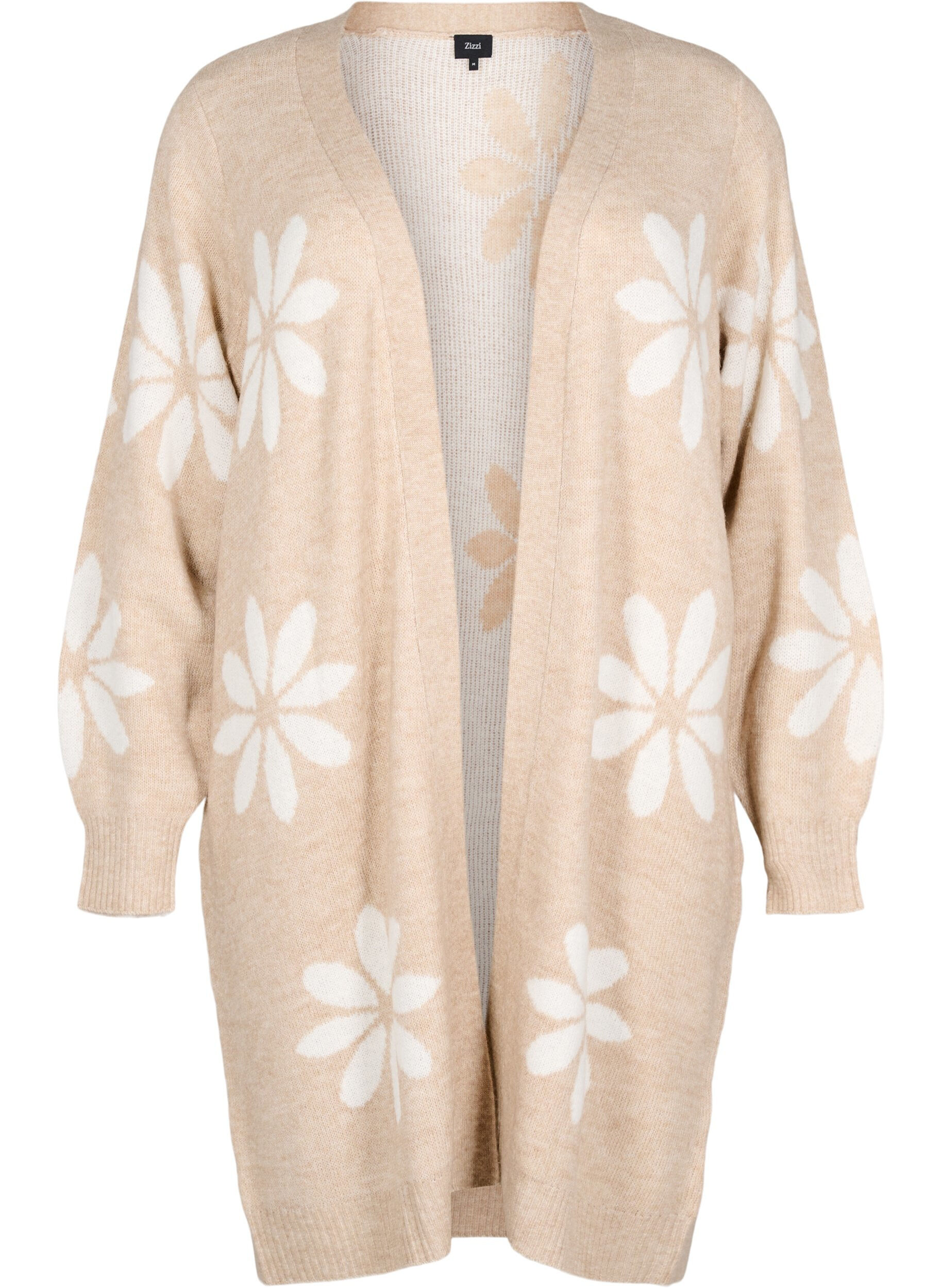 Zizzi Lang strik cardigan med blomster, Simply Taupe Comb, Packshot image number 0
