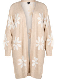 Lang strik cardigan med blomster, Simply Taupe Comb