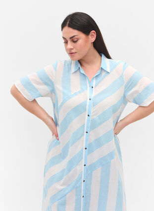 Kortærmet bomulds skjortekjole med striber, Blue Bell Stripe, Model image number 1