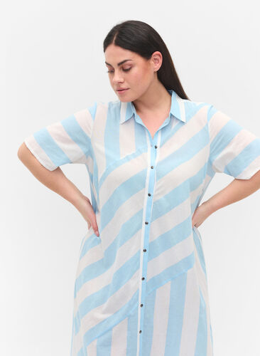 Kortærmet bomulds skjortekjole med striber, Blue Bell Stripe, Model image number 1