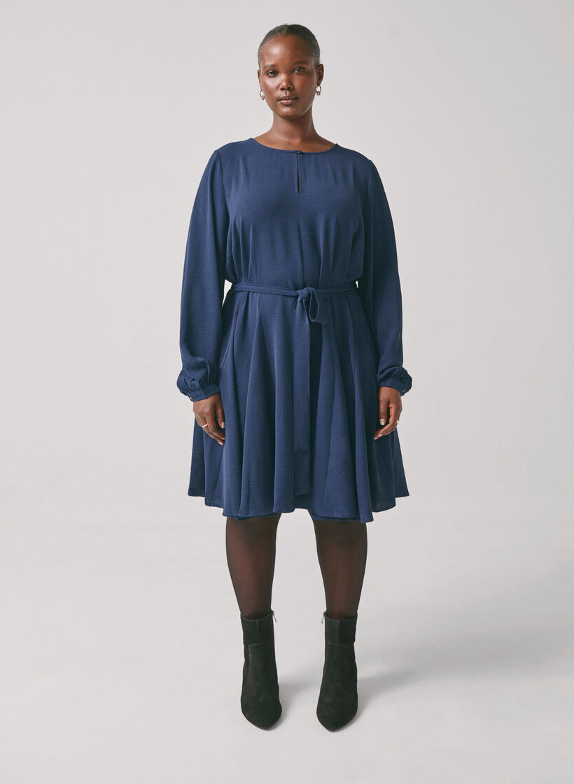 Langærmet kjole med bindebånd, Navy Blazer, Image image number 1