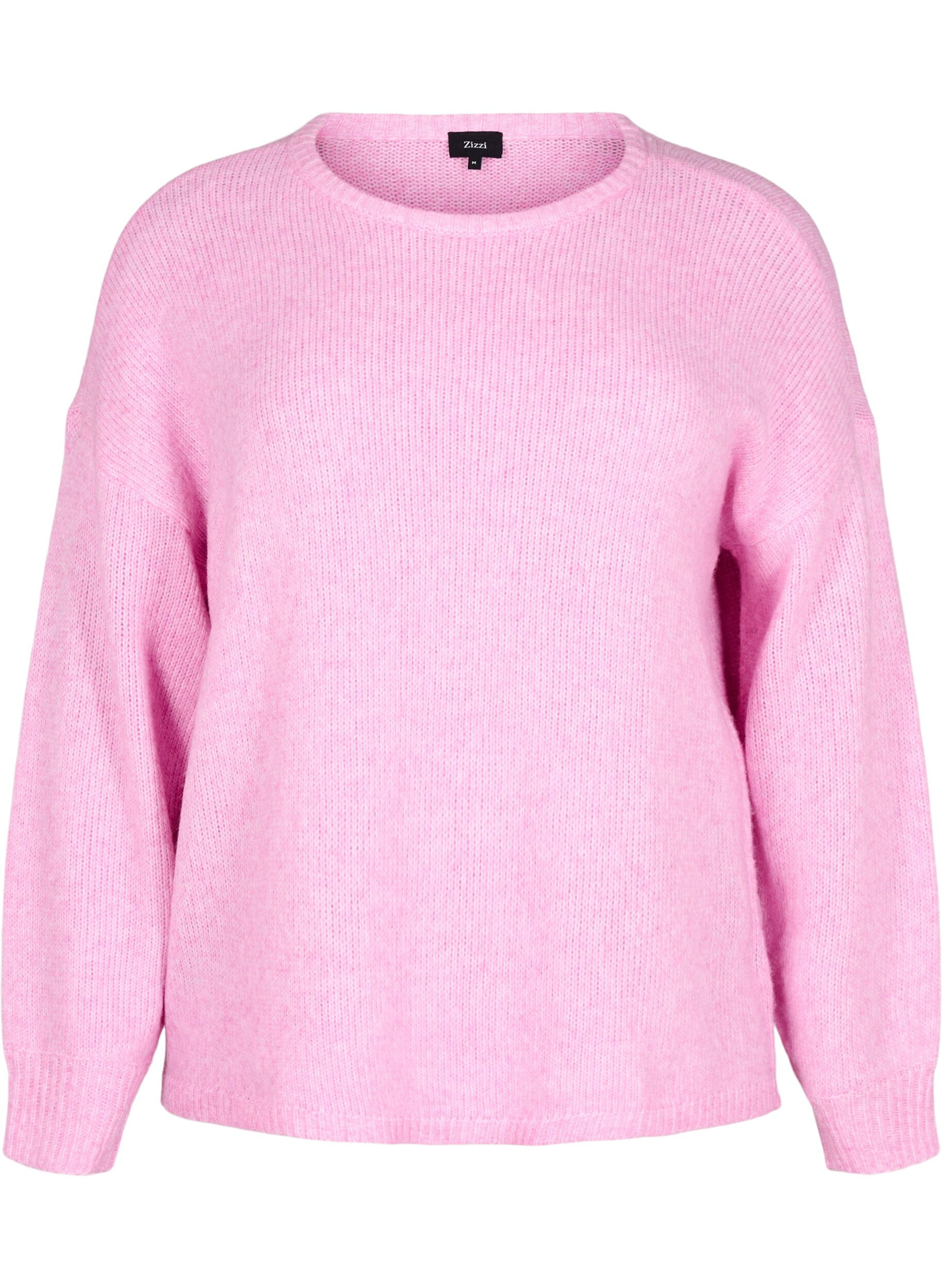 Zizzi Lang&aelig;rmet strikbluse med uld og rund hals, Begonia Pink Mel., Packshot image number 0