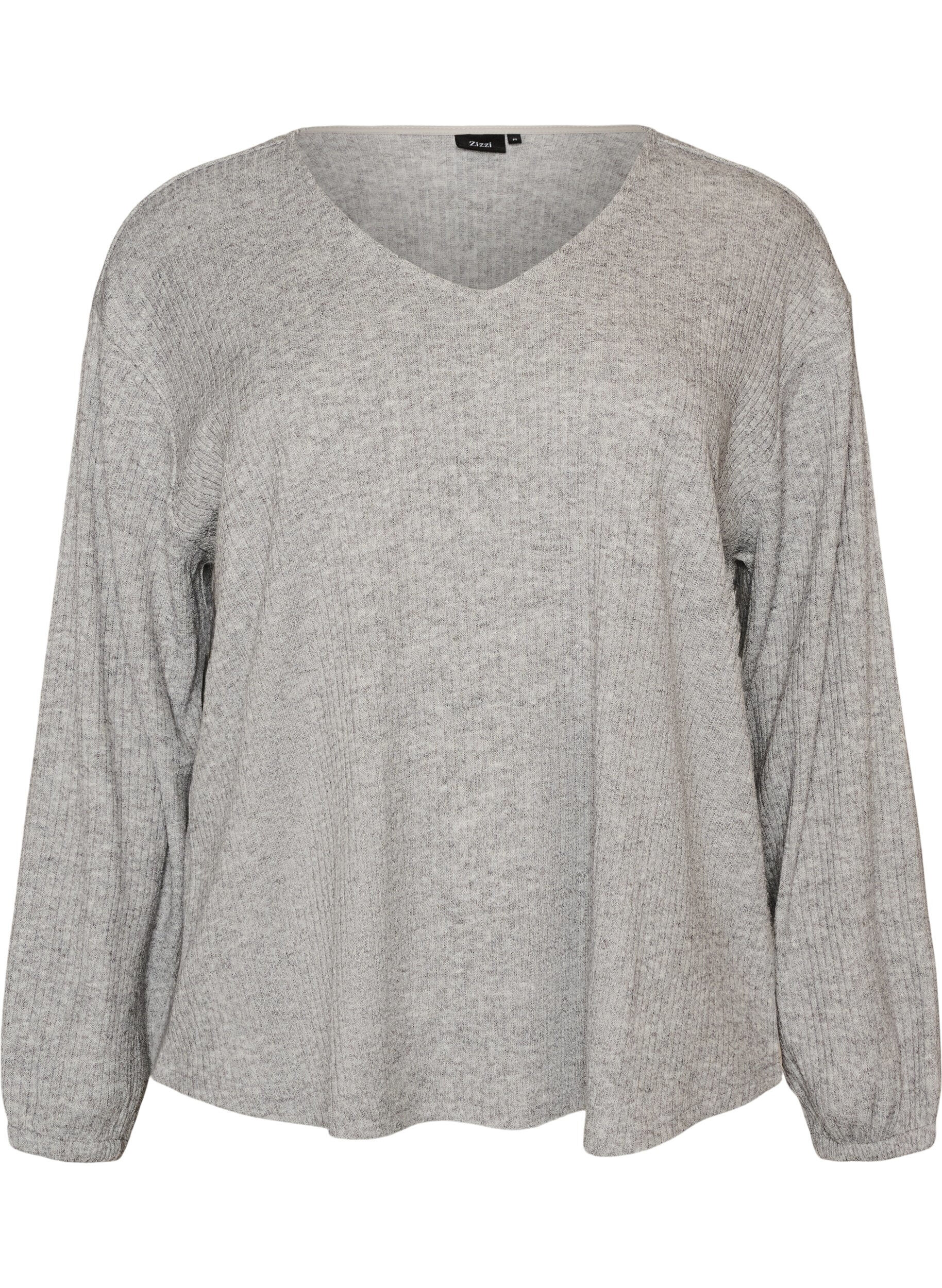 ZizziJerseybluse med ribstruktur og V-hals, Gr&aring;, Packshot image number 0
