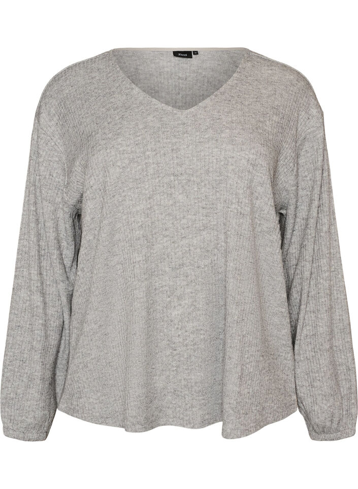 Jerseybluse med ribstruktur og V-hals, Gr&aring;, Packshot image number 0