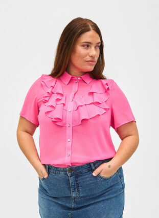 Kortærmet skjortebluse med flæser, Pink Power, Model image number 0