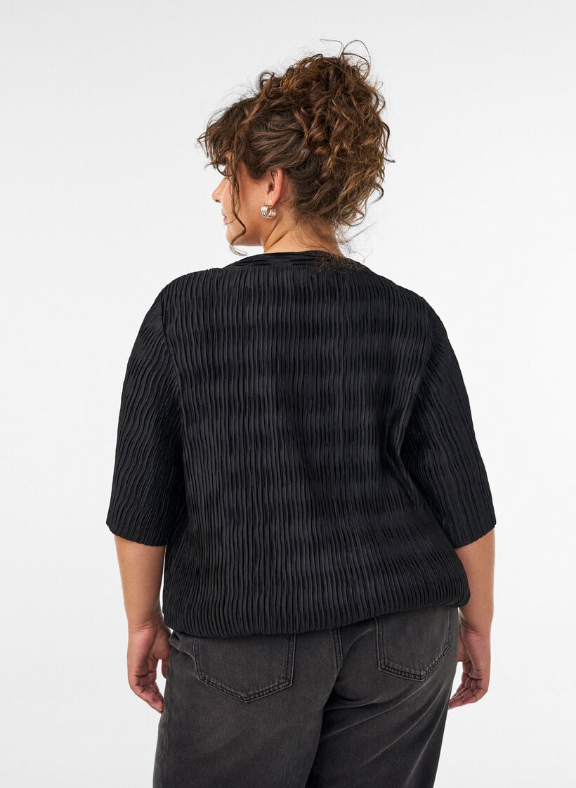 Bluse med b&oslash;lget struktur og ballonform, Sort, Model image number 2