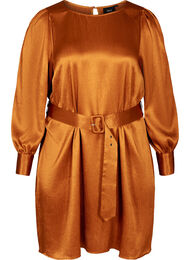 Shiny kjole med bælte og pufærmer, Buckthorn Brown
