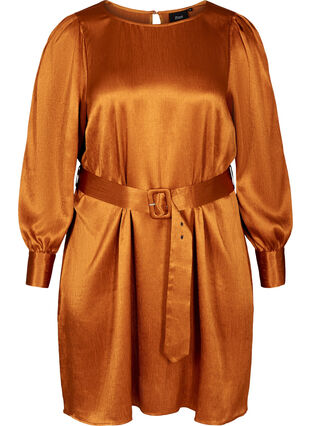 Shiny kjole med bælte og pufærmer, Buckthorn Brown, Packshot image number 0