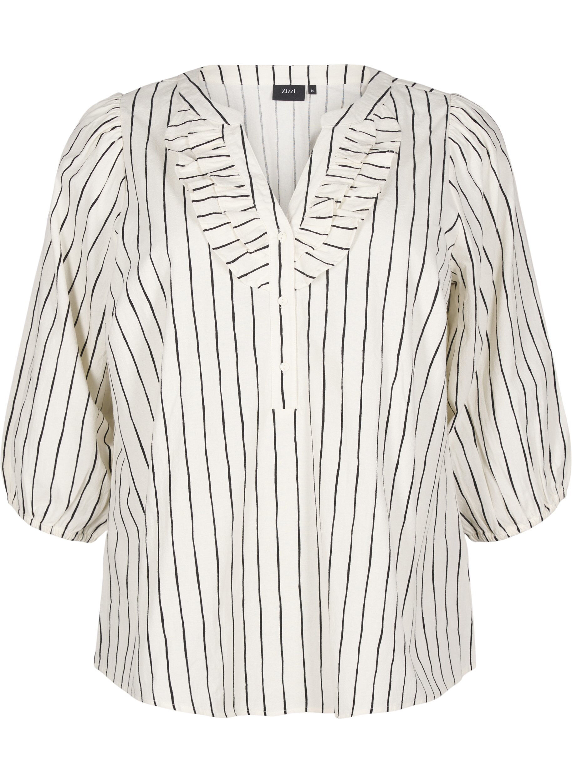 Zizzi 3/4 &aelig;rmet bluse i bomuld med striber, Eggnog Black Stripe, Packshot image number 0
