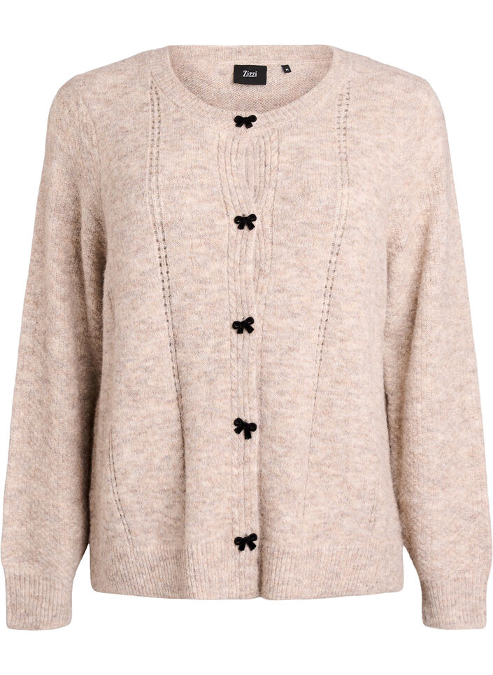 Cardigan med sløjfeknapper og hulmønster, Beige, Packshot image number 0