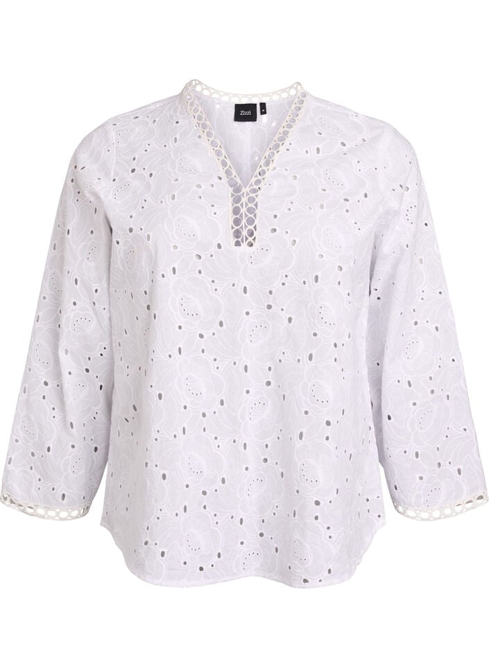 Lang&aelig;rmet bluse i bomuld med broderie anglaise, Hvid, Packshot image number 0