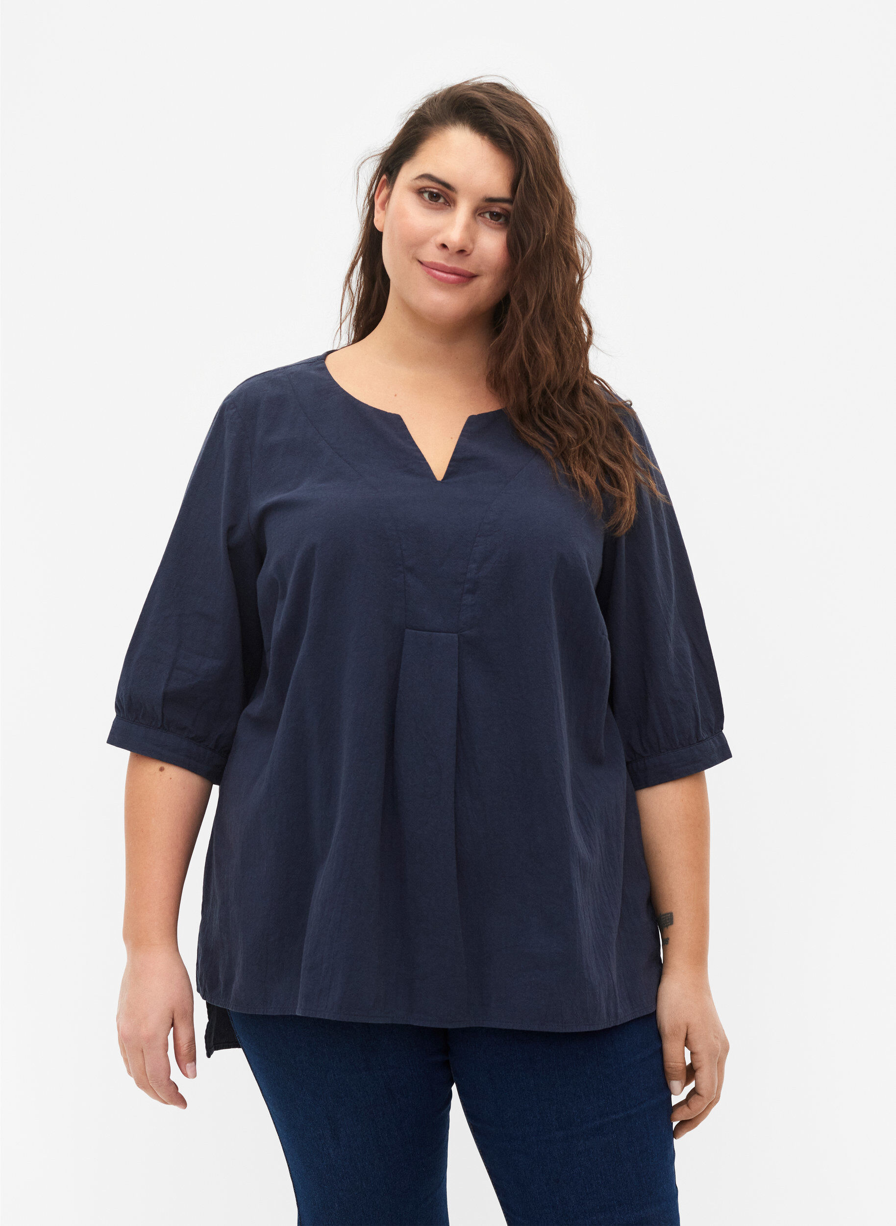 Zizzi FLASH - Bomulds bluse med halvlange &aelig;rmer, Navy Blazer, Model image number 0