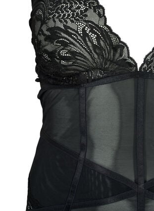 Bodystocking med mesh og blonder, Black, Packshot image number 2