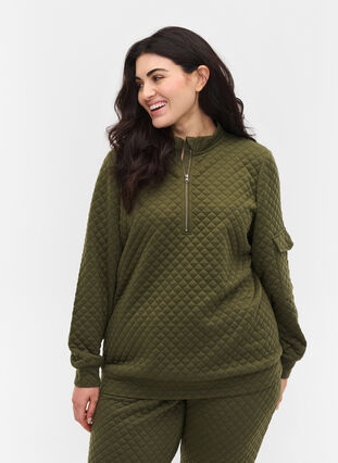 Quiltet sweatshirt med lynlås, Ivy Green, Model image number 0