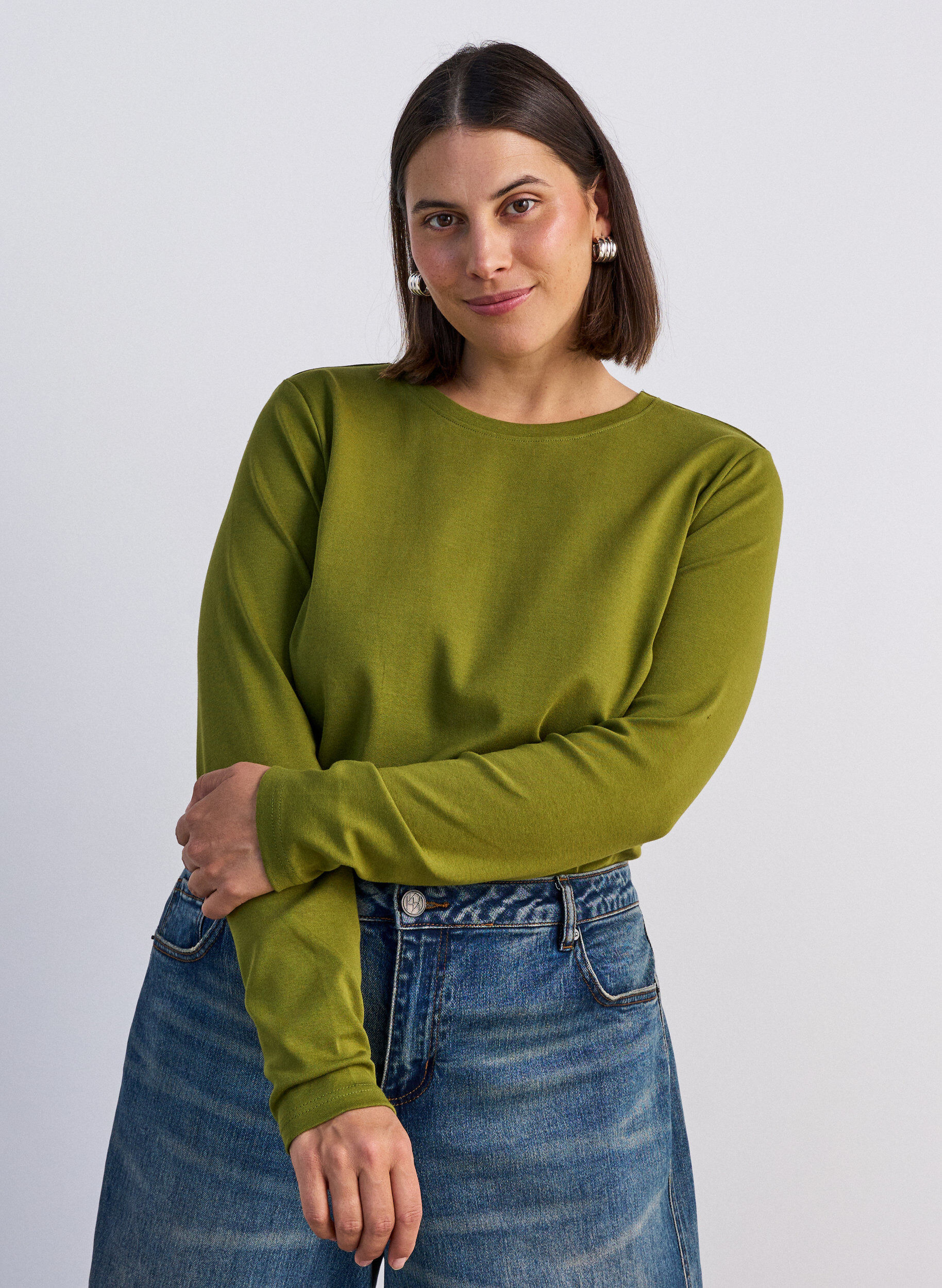 ZizziLang&aelig;rmet basis T-shirt med rund hals, Gr&oslash;n, Model image number 0